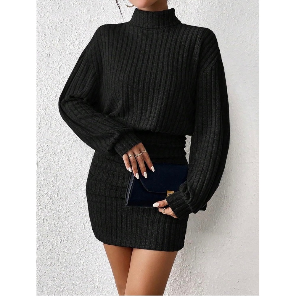 COMMENSE Black Mock Neck Ribbed Ruched Long Sleeve Mini Sweater Dress Size M